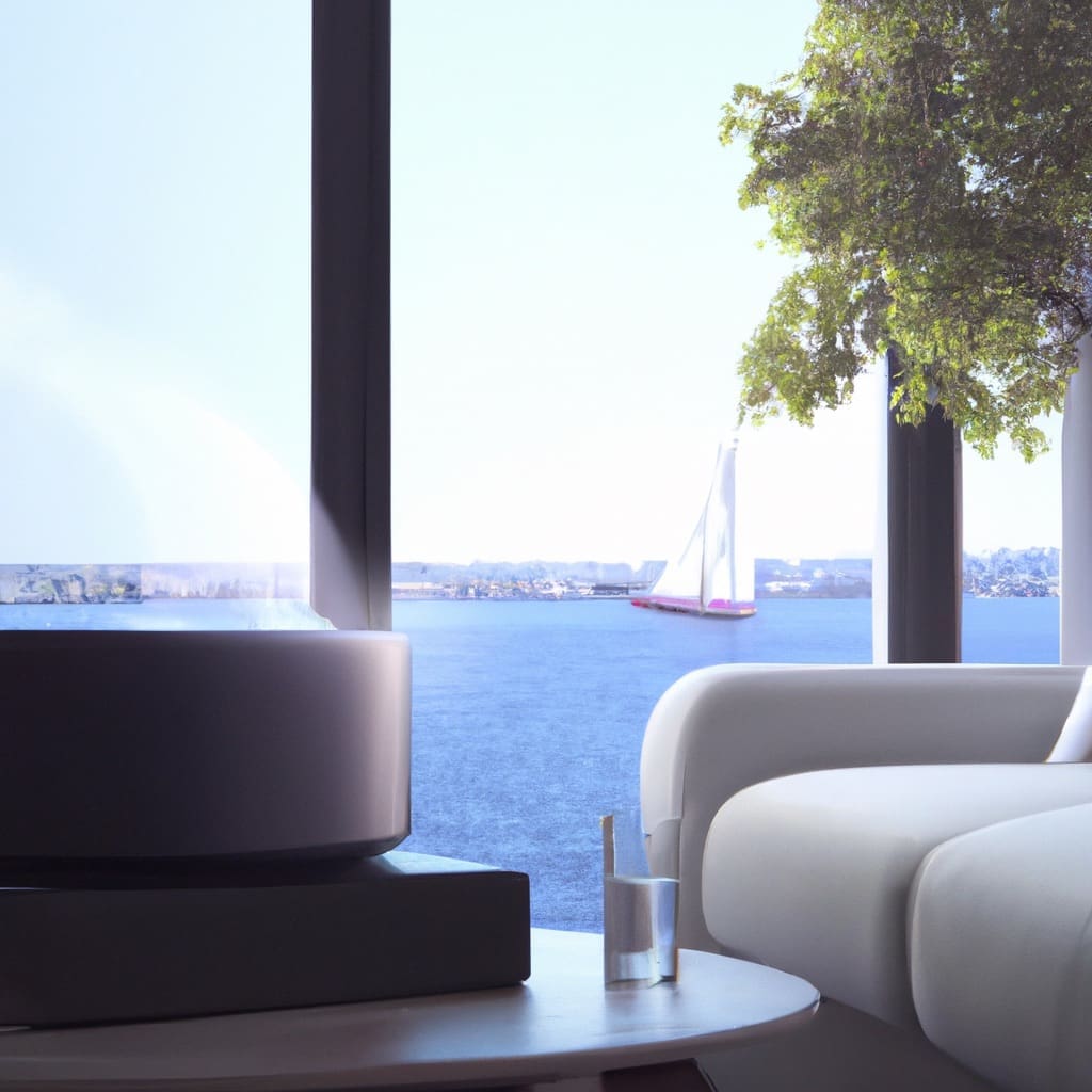air purifier in a modern lounge room, lounge and coffee table, cool interior, water view outside window, high resolution, ghibli inspired, 4k