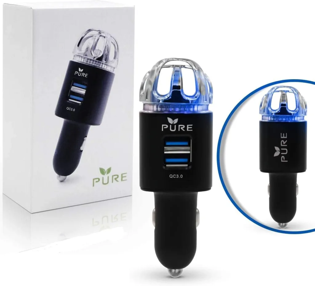 Car Air Purifier Premium Air Ionizer Car Charger Accessory w/ Dual USB Ports - Quick Charge 3.0 - Eliminate Allergens Bad Odor Pet Smell Smoke Pollen Mold Bacteria Viruses PM2.5 VOCs Deodorizer (Black)