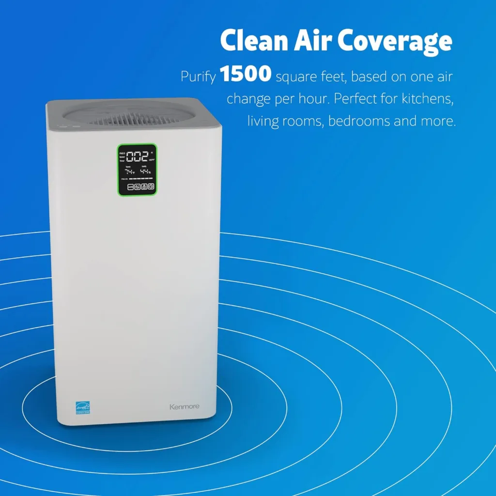 Kenmore PM2010 Air Purifier with H13 True HEPA Filter, Covers Up to 1200 Sq.Foot, 24db SilentClean 3-Stage HEPA Filtration System, 5 Speeds for Home Large Room, Kitchens Bedroom