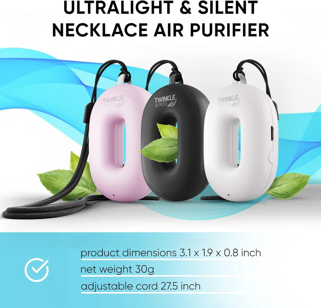 Wearable Air Purifier Necklace - Portable Personal Ionizer - Rechargeable Travel-Size Air Cleaner - Removes Dust Allergen Odor Viruses Bacteria - Use in Office Airplane Train Bus - For Kids and Family