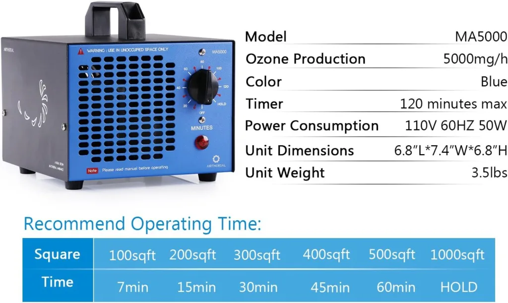 AIRTHEREAL MA5000 Commercial Ozone Generator, 5000mg/h O3 Machine Home Air Ionizers Deodorizer for Rooms, Smoke, Cars and Pets, Blue