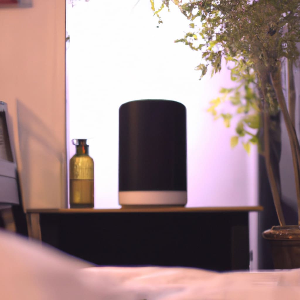 air purifier sitting in a modern bedroom next to a queen size bed with beautiful headboard, high resolution, ghibli inspired, 4k