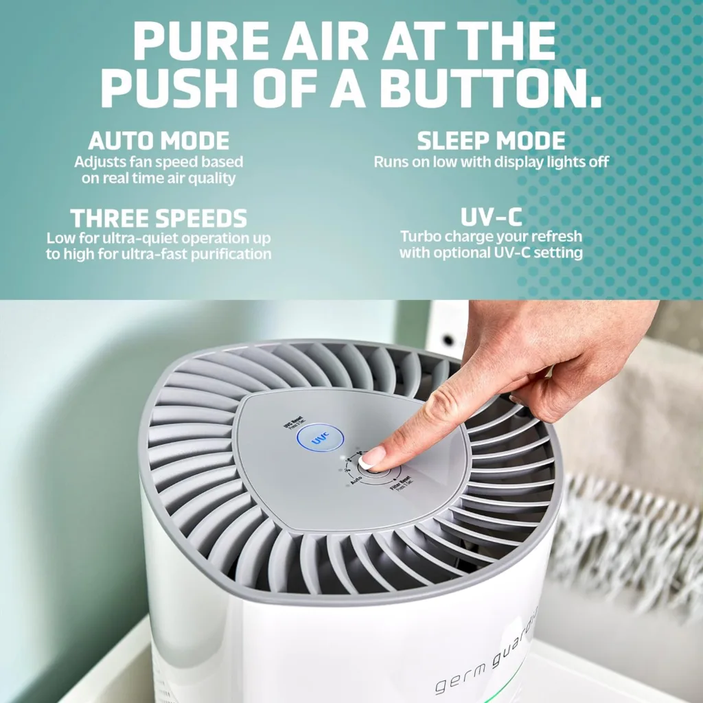 GermGuardian AirSafe+ Intelligent Air Purifier with 360° HEPA 13 Filter, Captures 99.97% of Pollutants, Wildfire Smoke, Large Rooms, Air Quality Sensor, UVC Light, Zero Ozone Verified, White AC3000W
