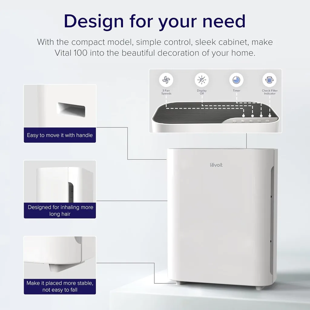 LEVOIT Air Purifiers for Home Large Room, HEPA Filter Cleaner with Washable Filter for Allergies, Smoke, Dust, Pollen, Quiet Odor Eliminators for Bedroom, Pet Hair Remover, Vital 100, White